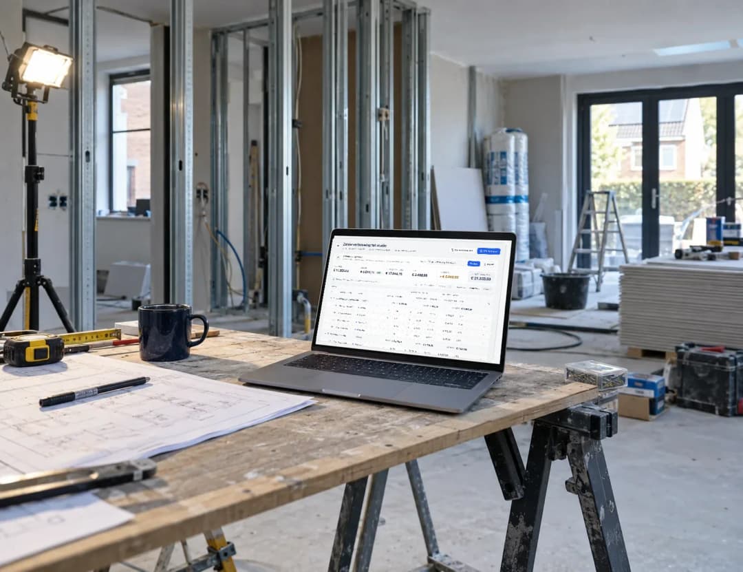 Calculatie van een verbouwing in Profexio op een laptop op de bouwplaats, met regels en marge per project