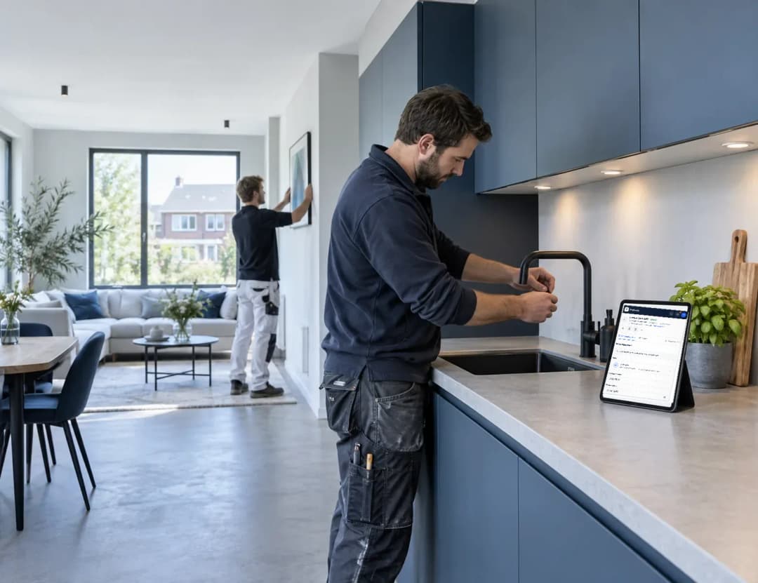 Opgeleverde keukenrenovatie met de eindfactuur uit Profexio, inclusief getekend meerwerk, op een tablet