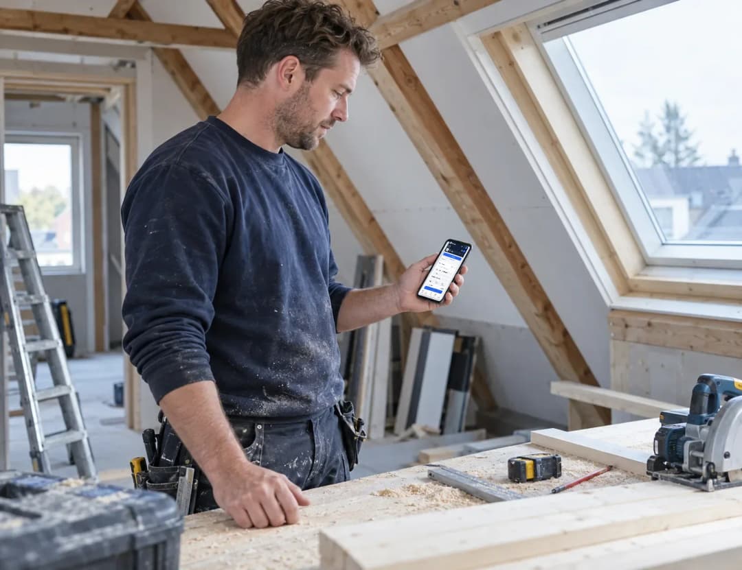 Timmerman start op de bouwplaats de urentimer in de Profexio-app, zodat uren meteen bij het project staan