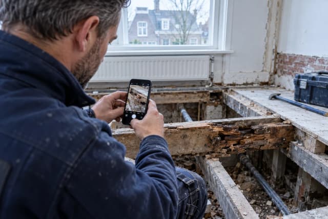 Aannemer maakt een foto van onverwacht meerwerk in de Profexio-app, zodat foto, bedrag en akkoord bij elkaar staan