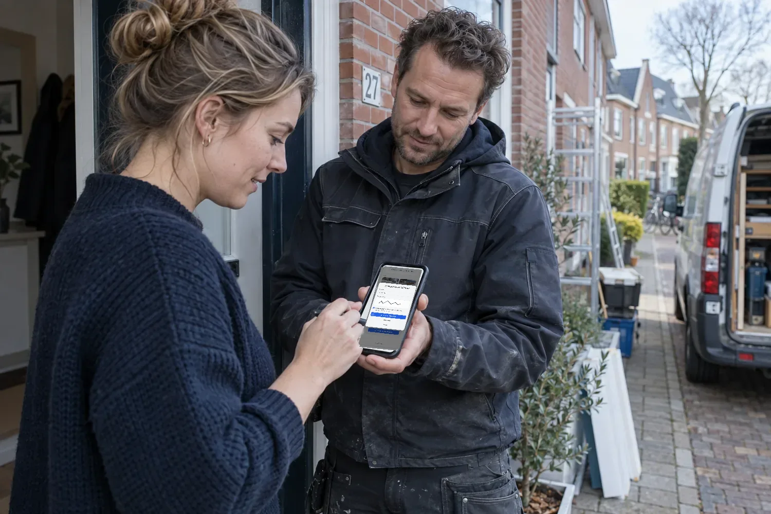 Klant tekent de werkbon op de telefoon bij de voordeur, de getekende bon staat meteen in het projectdossier