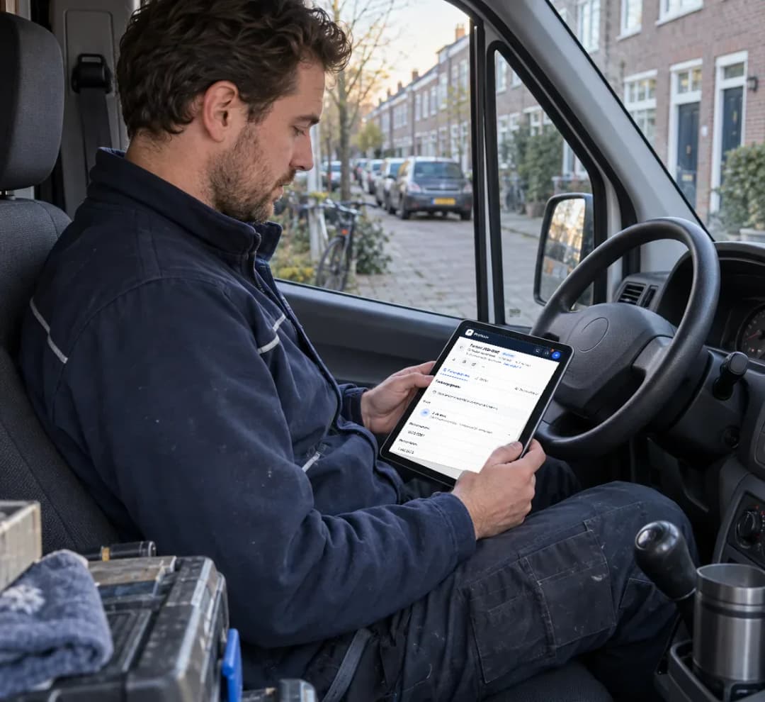 Vakman verstuurt aan het eind van de werkdag vanuit zijn bus de factuur met meerwerk vanuit Profexio