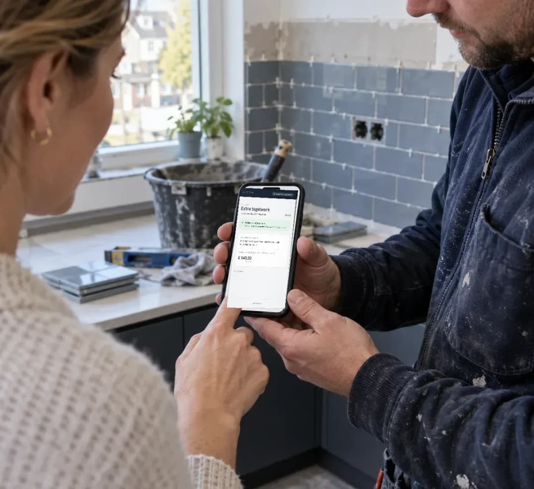 Klant tekent meerwerk voor extra tegelwerk digitaal af op de telefoon van de vakman