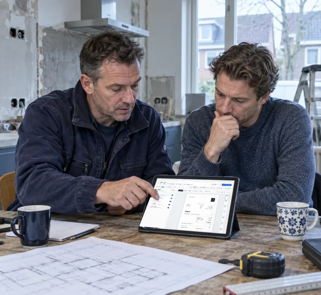 Aannemer stelt aan de keukentafel van de klant een offerte op in Profexio op een tablet