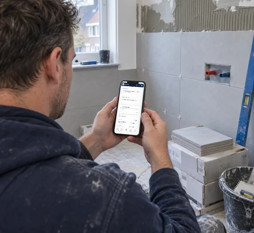 Vakman legt in een badkamer die verbouwd wordt de werkbon met foto's en uren vast in de Profexio-app
